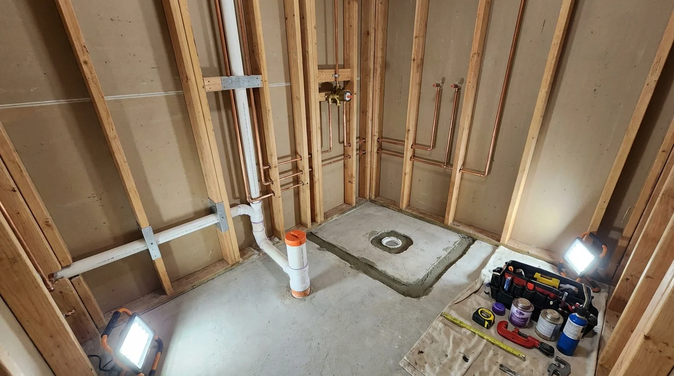 Bathroom rough-in plumbing during remodel by Johns Plumbing LLC in Kenmore