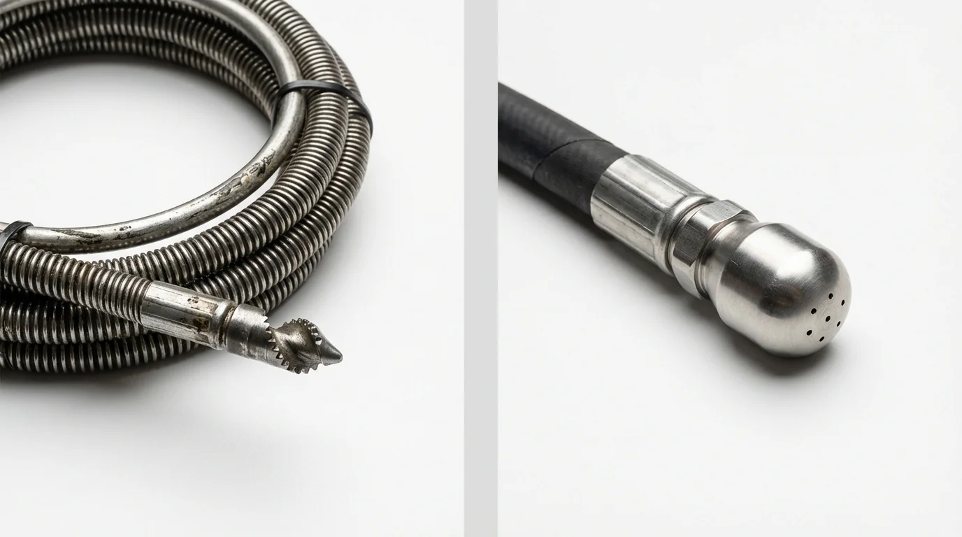 Drain snake cable and hydro jetting nozzle used for drain cleaning in Kenmore, WA