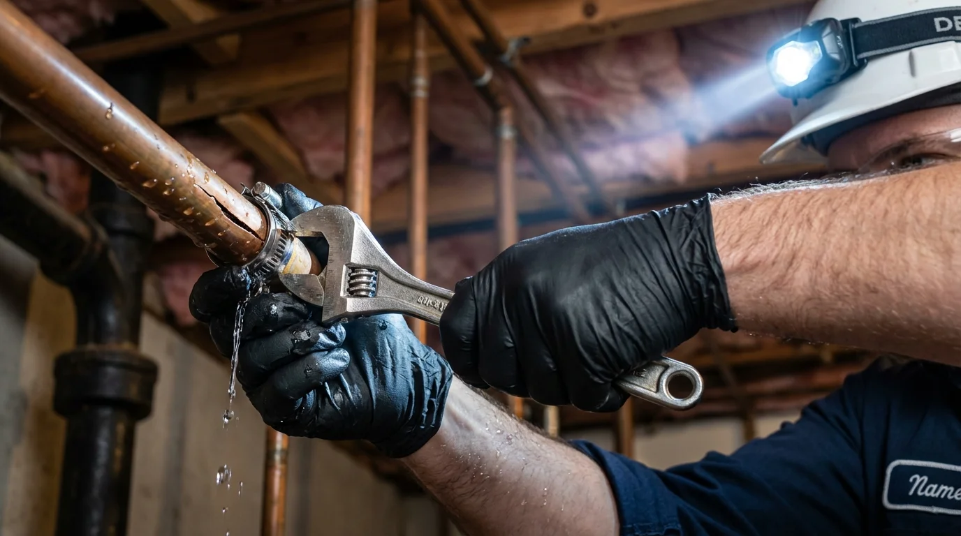 Emergency pipe clamp repair being performed by a Johns Plumbing LLC plumber in Kenmore