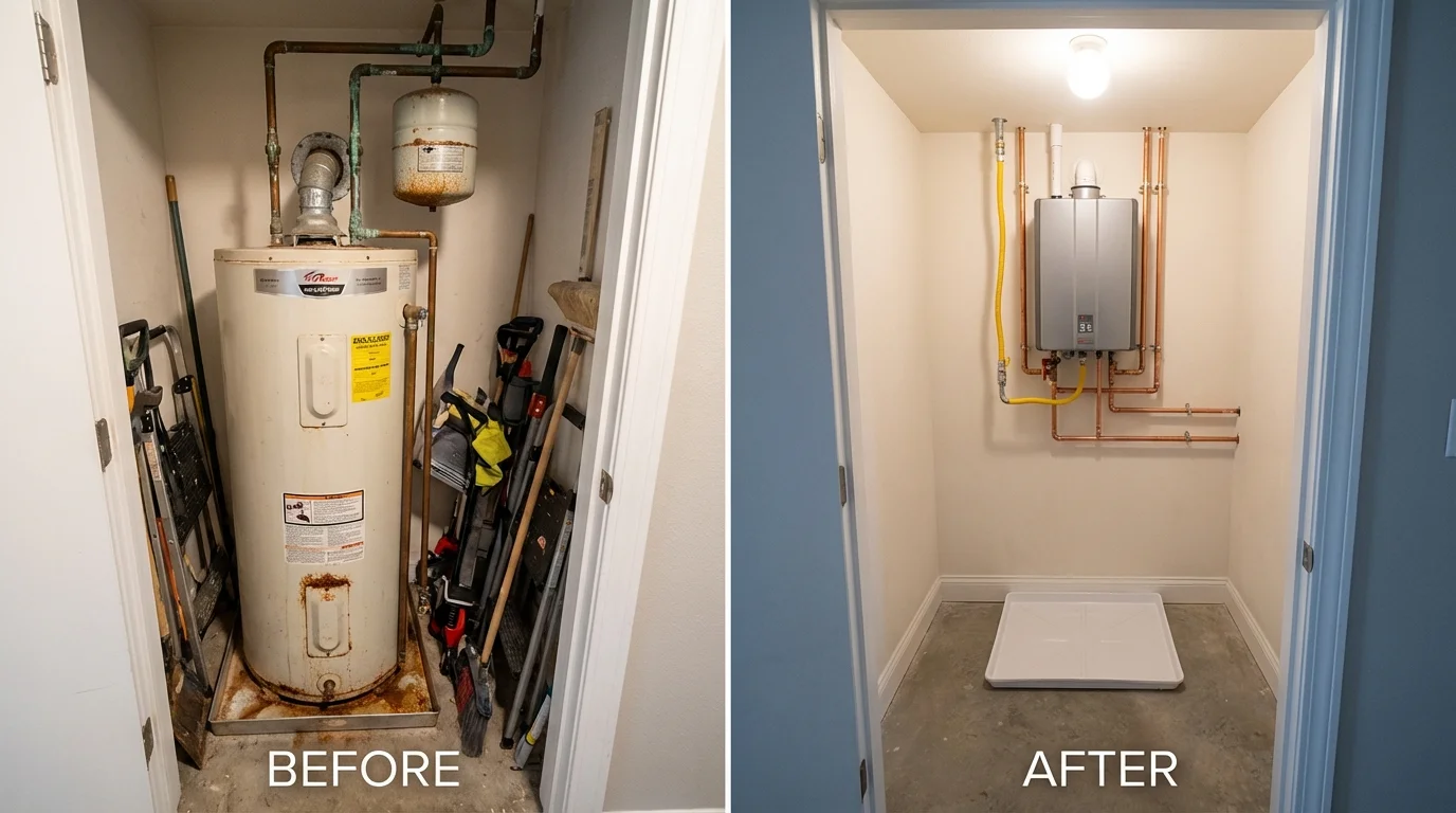 Tank water heater versus wall-mounted tankless unit comparison for Kenmore, WA homeowners