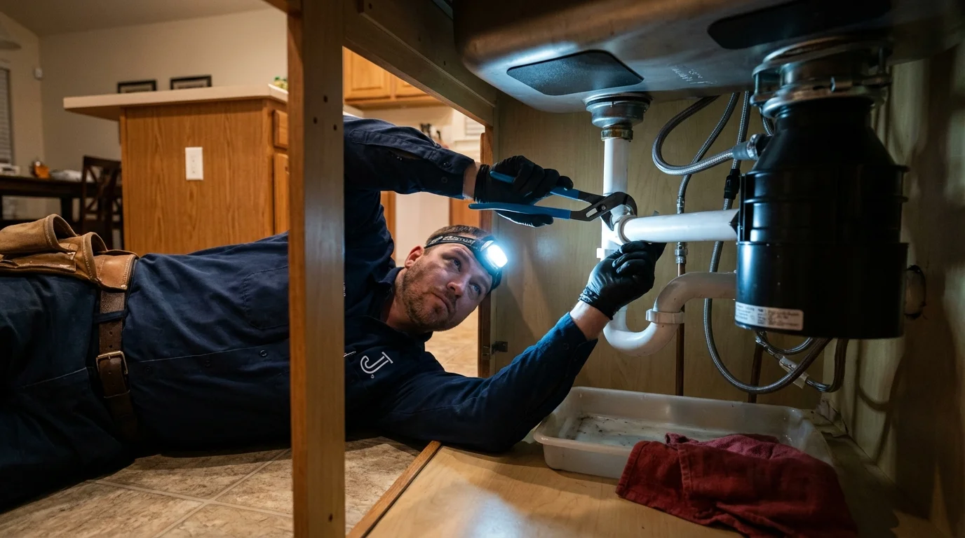 P-trap and supply line connections under a kitchen sink showing a common leak point in Kenmore, WA